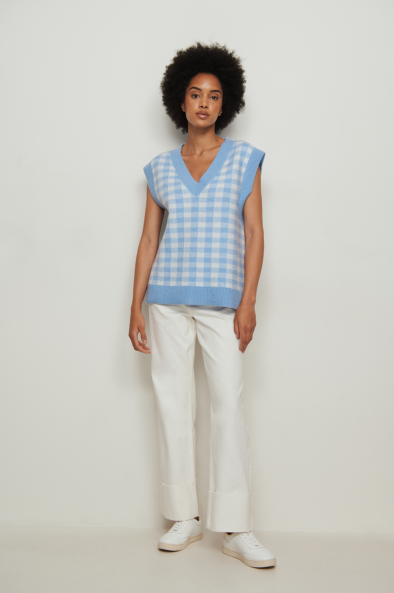 Checked V-Neck Knitted Vest Outfit.