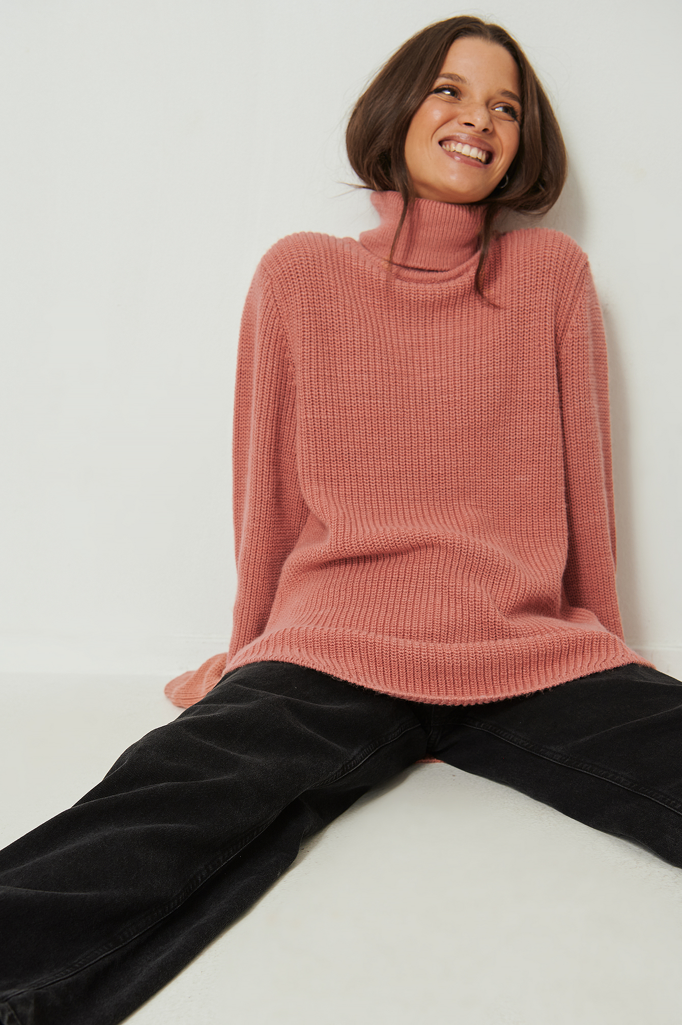 Ribbed High Neck Round Slit Sweater Outfit