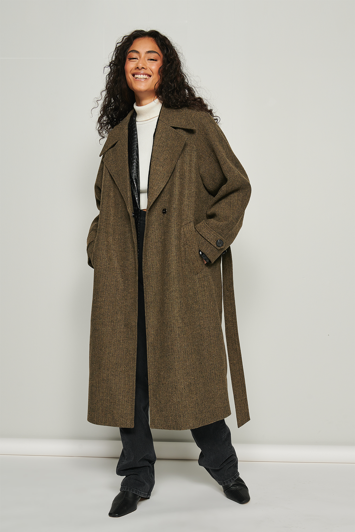 Herringbone Oversized Belted Coat Outfit.