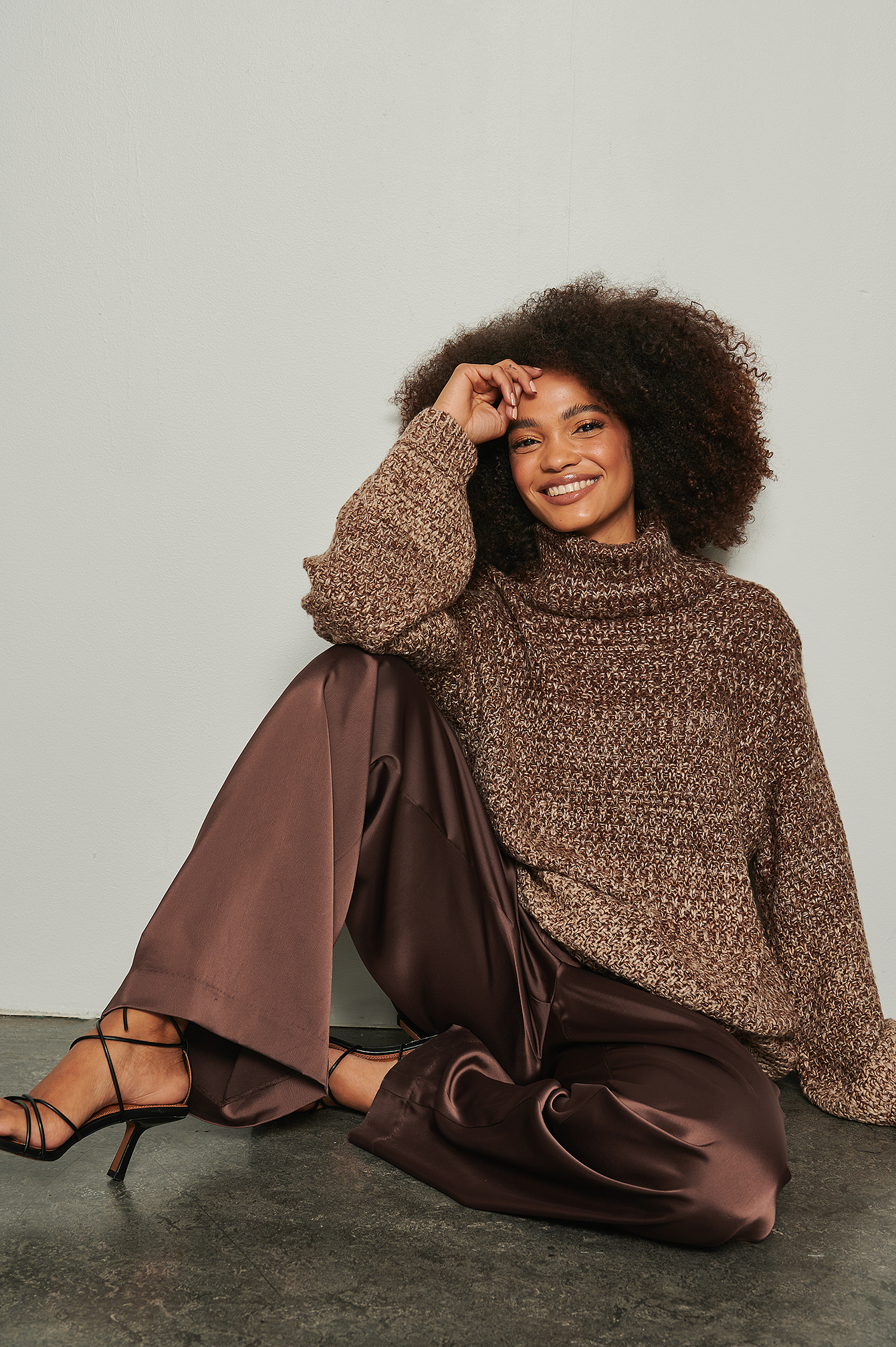 Knitted Turtle Neck Oversized Mix Yarn Sweater Outfit.