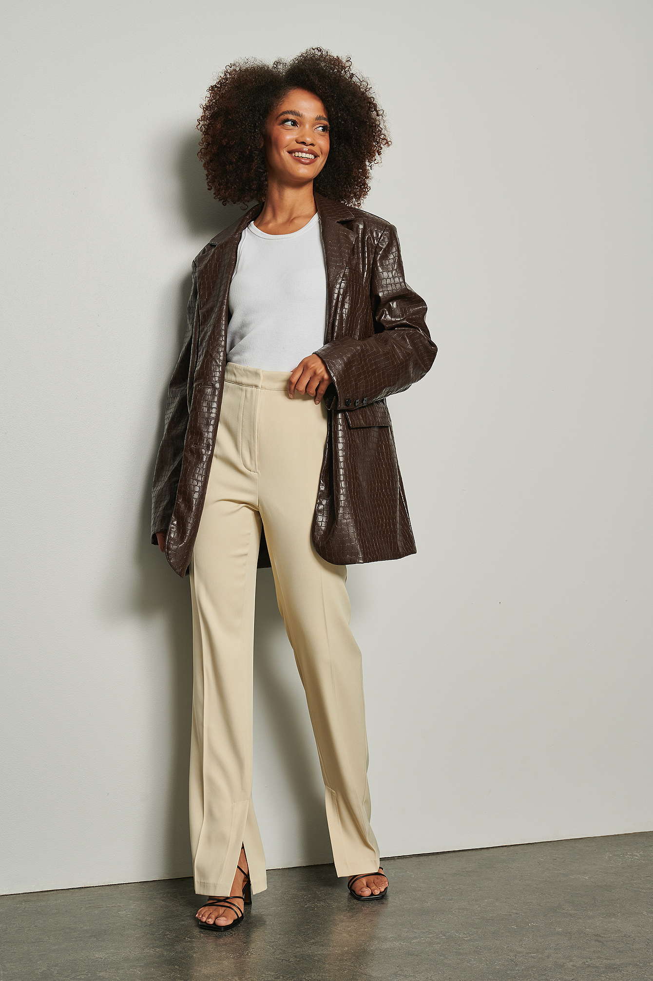 Recycled Soft Tailored Side Slit Pants Outfit.