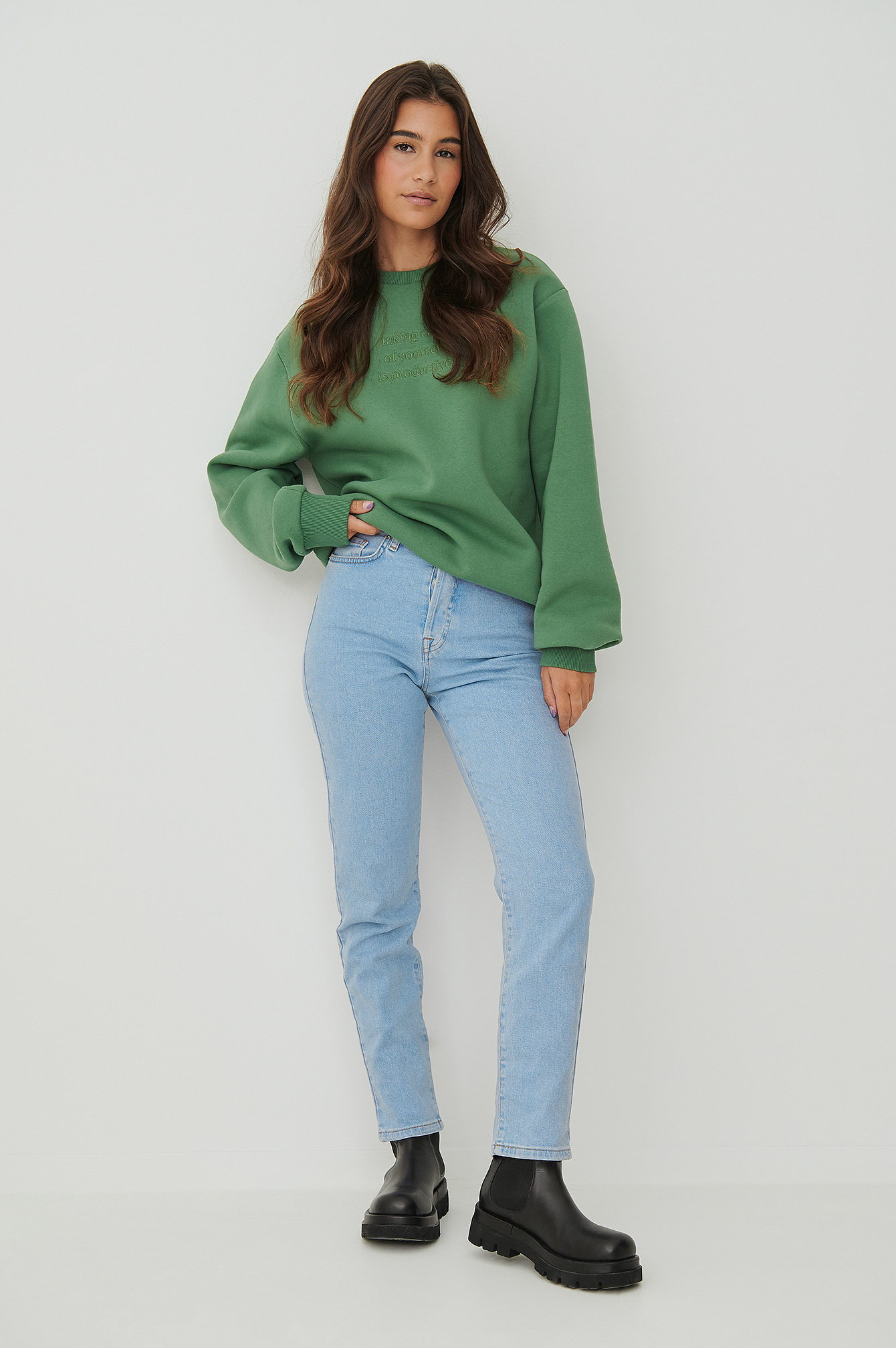 Quote Embroidery Oversized Sweater Outfit.
