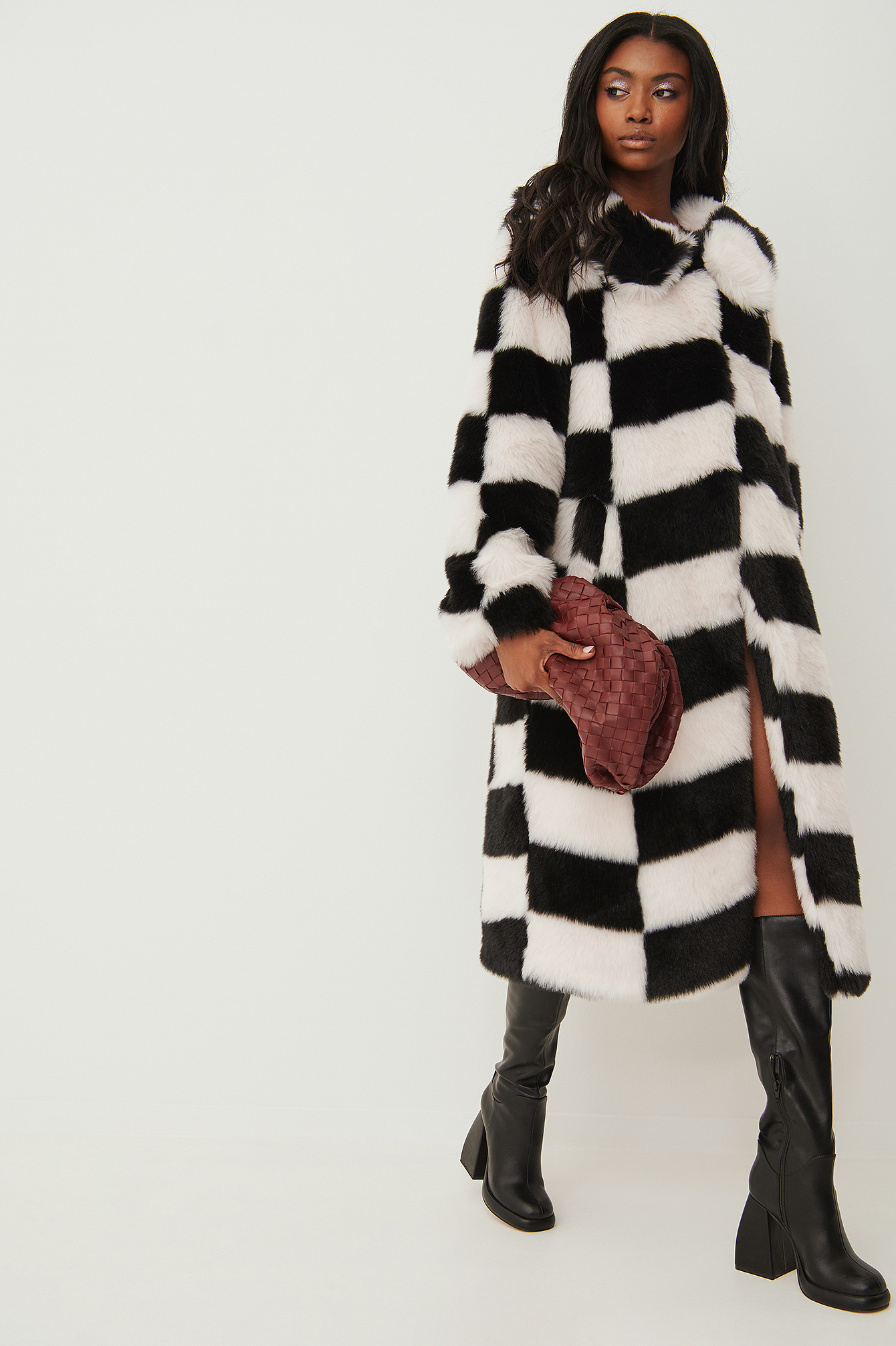 Faux Fur Checked Coat Outfit