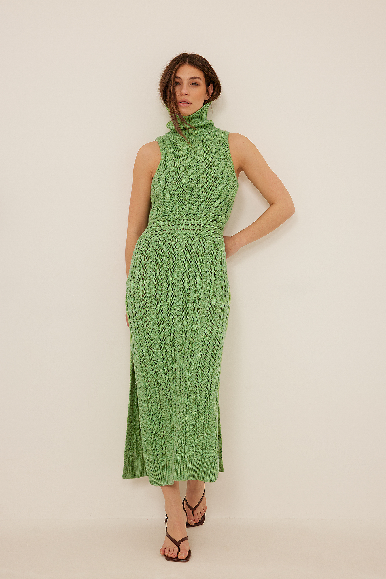 Cable Knitted Long High Neck Dress Outfit.
