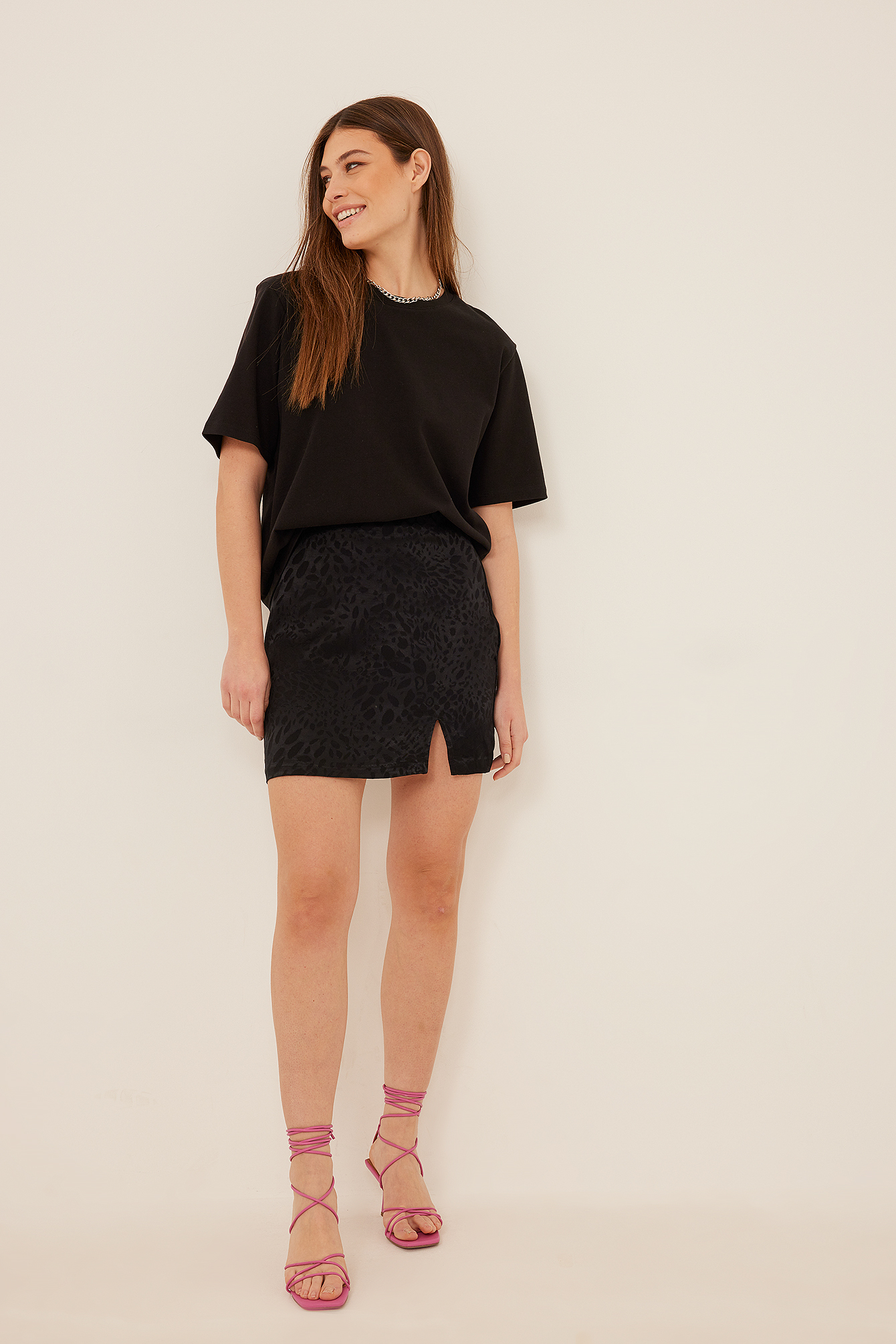 Jacquard Mini Slit Skirt Outfit.