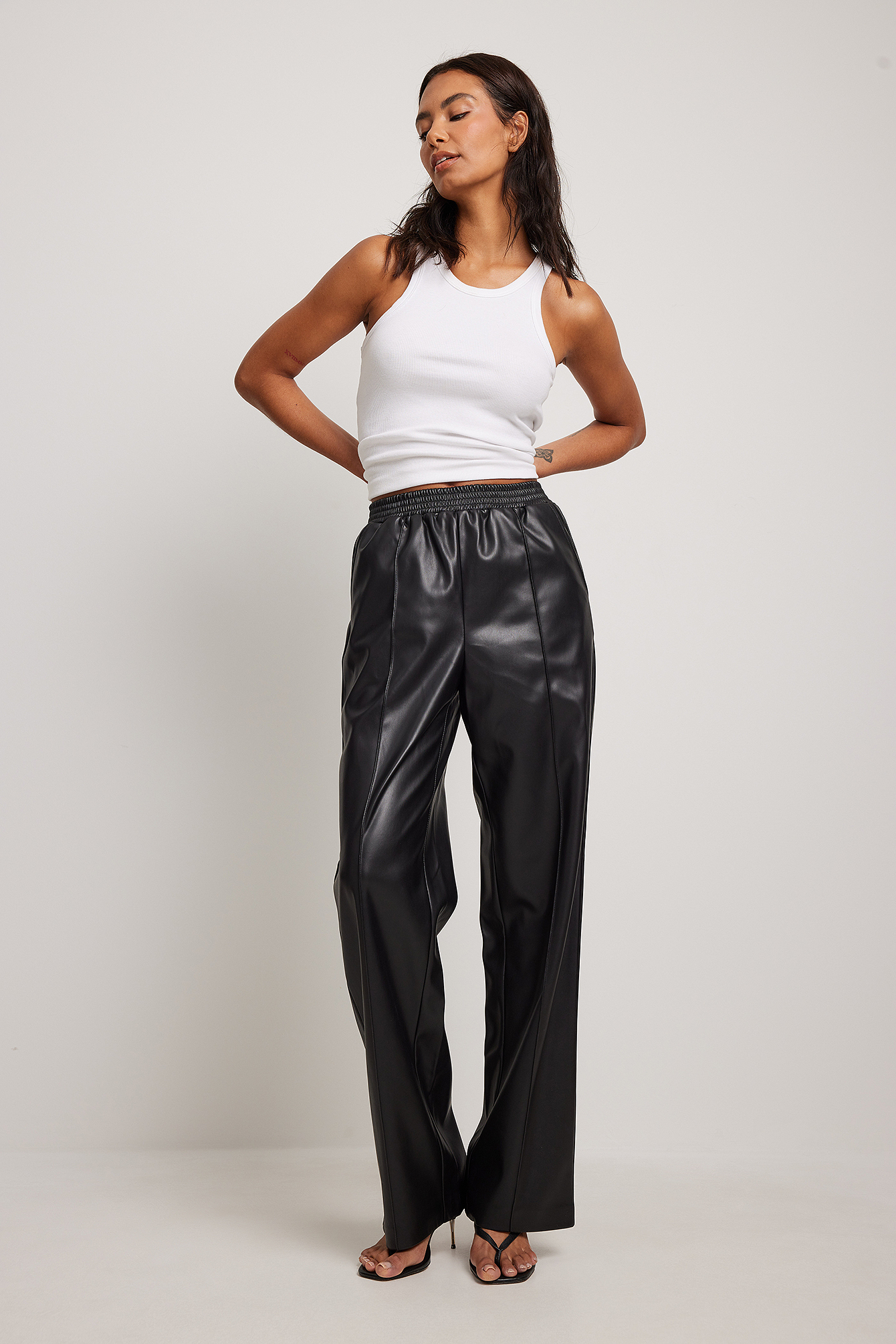 Black Pantalon en faux cuir à taille élastique