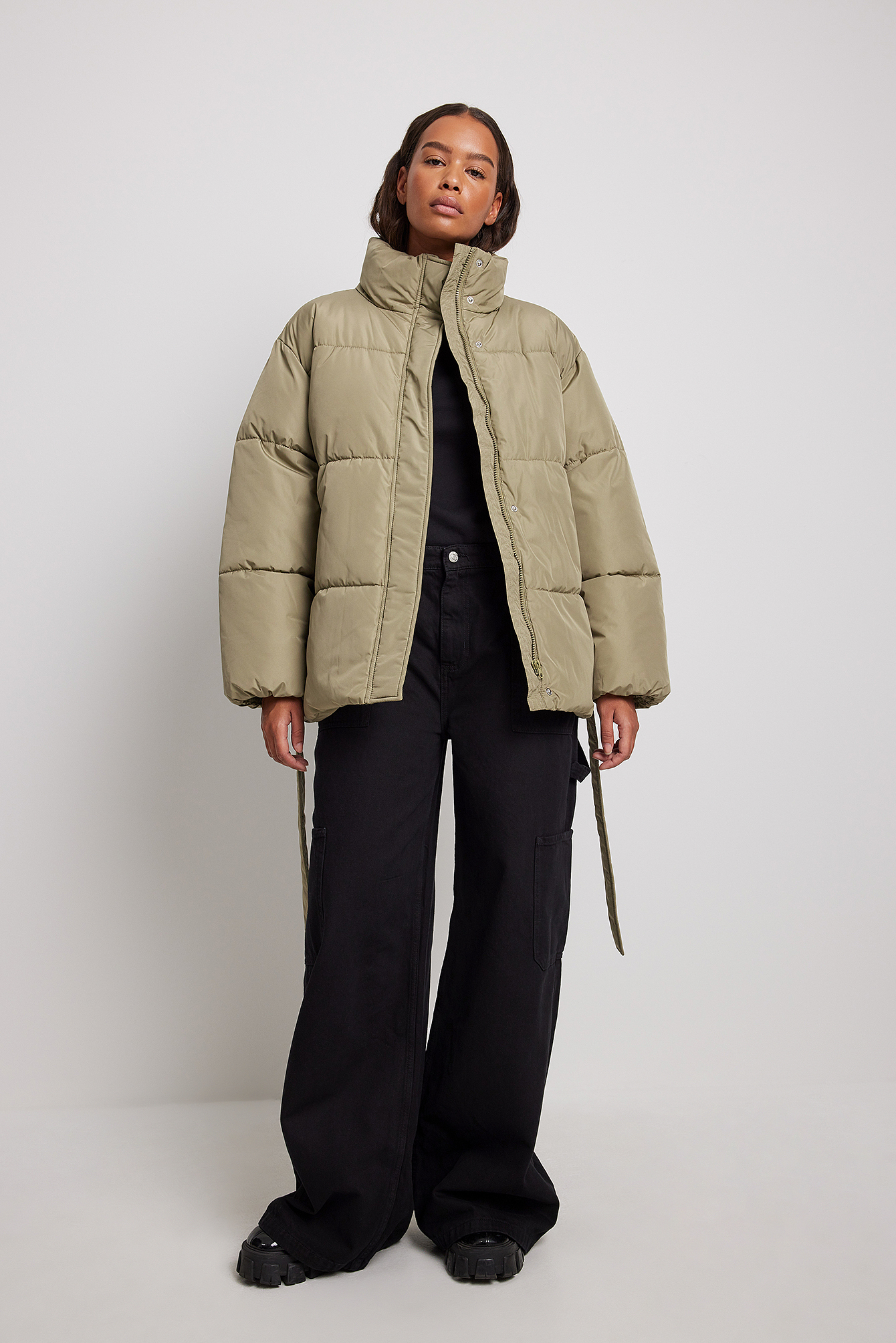 Recycled Belted Short Padded Jacket Outfit