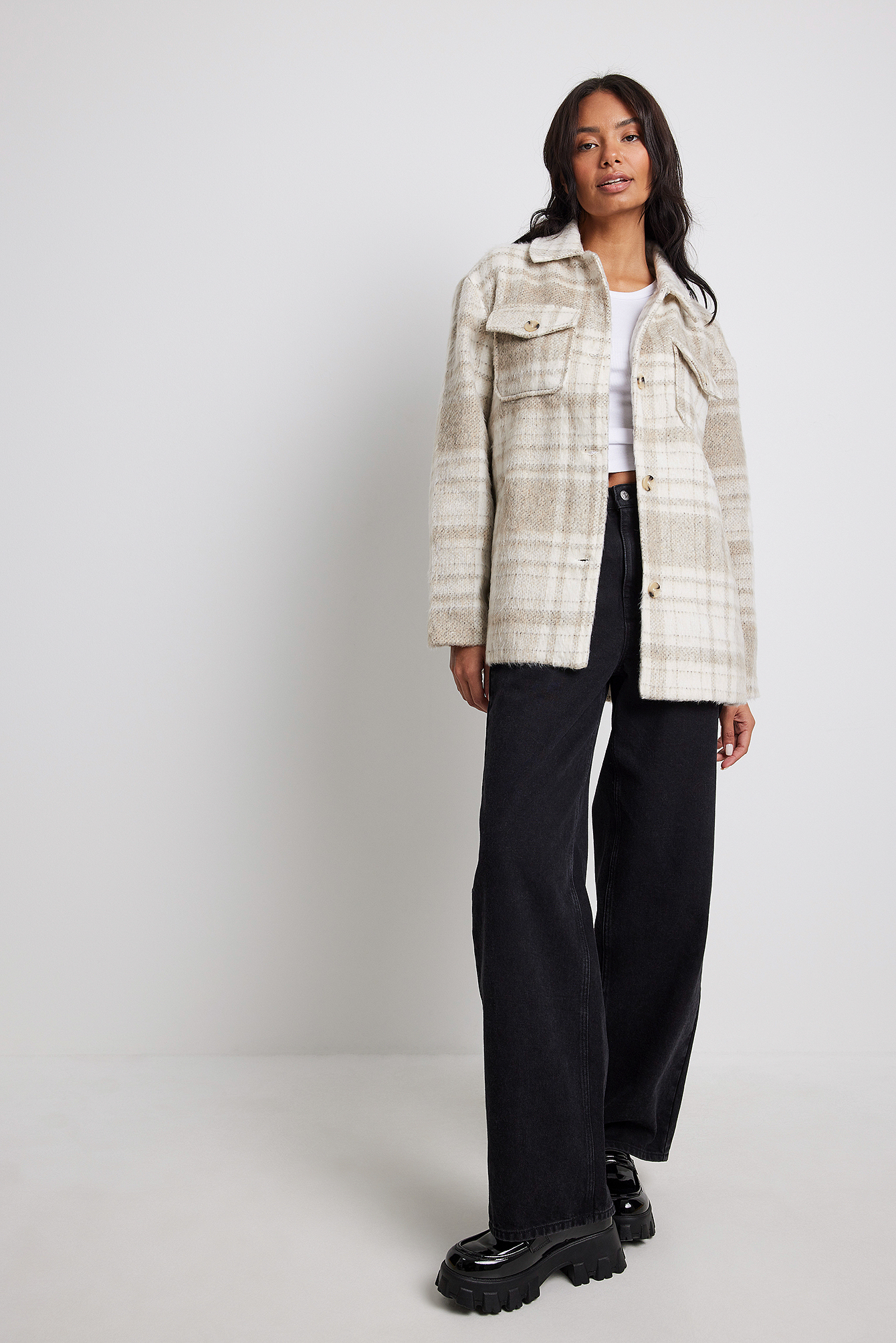 Brushed Checked Chest Pocket Jacket Outfit.