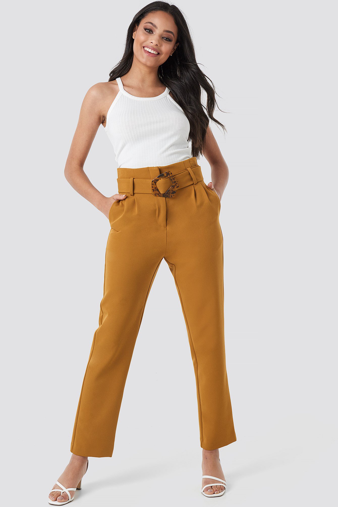 High Waist Asymmetric Belted Pants Outfit.