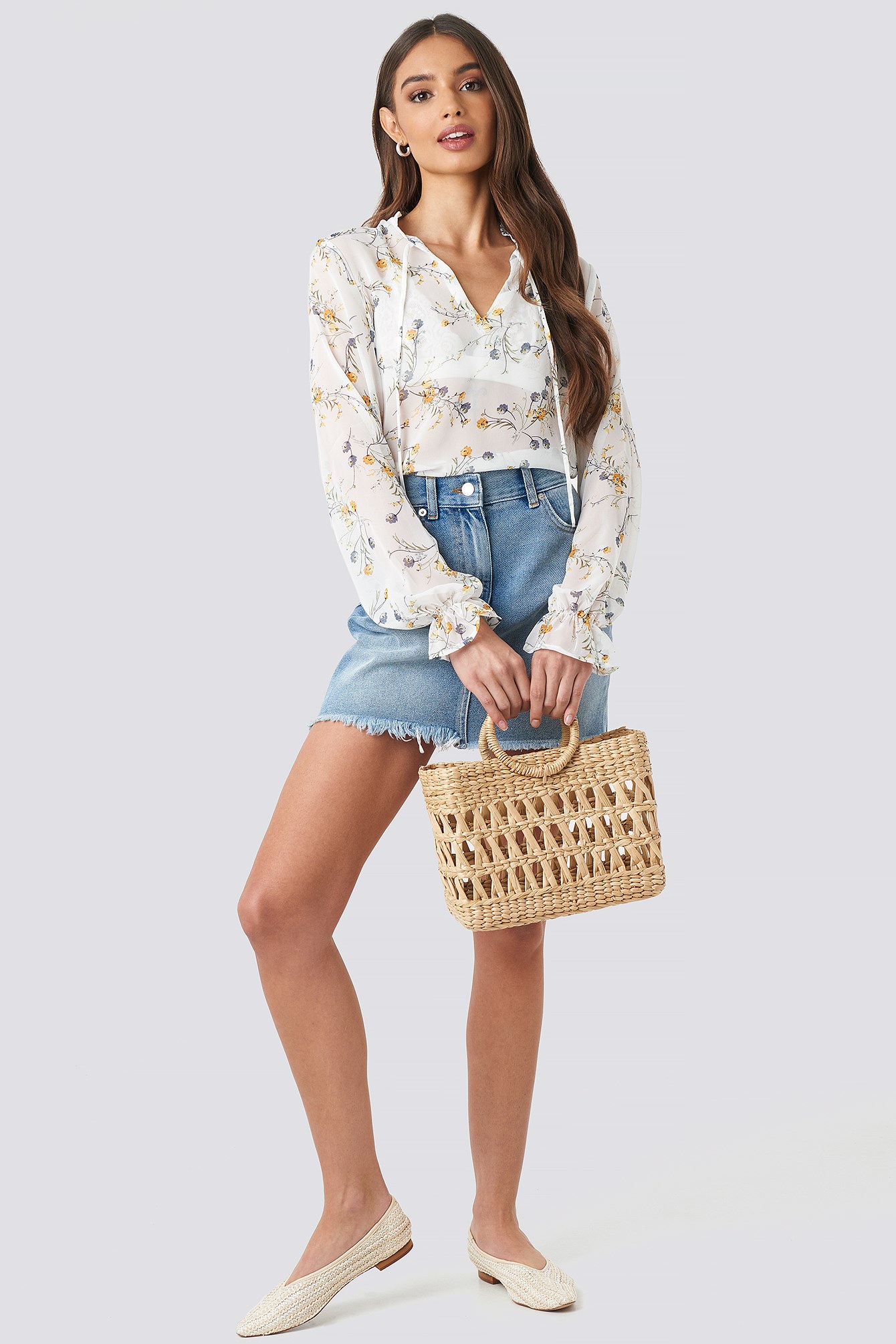 Flower Print Keyhole Blouse White Outfit