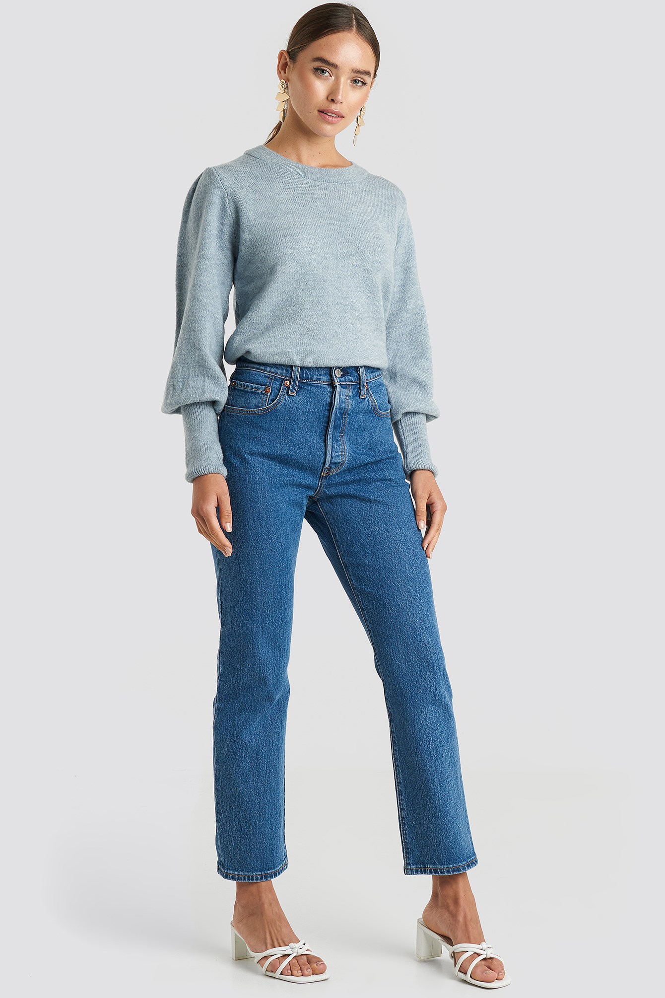 Stone Blue Cropped Long Sleeve Knitted Sweater