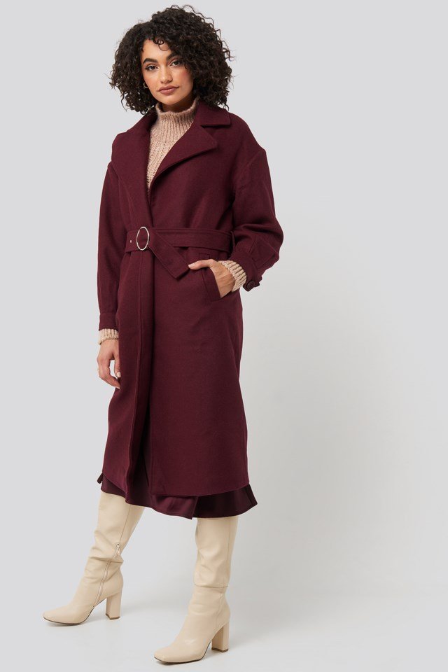 Ring Buckle Belt Detailed Long Coat Outfit
