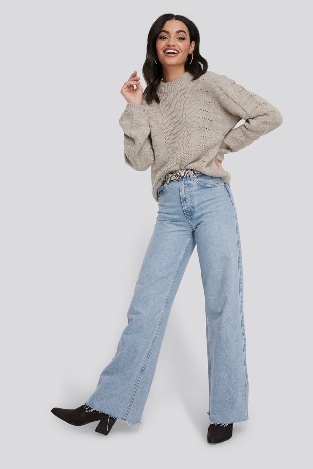 High Waist Raw Hem Straight Jeans Bleu 