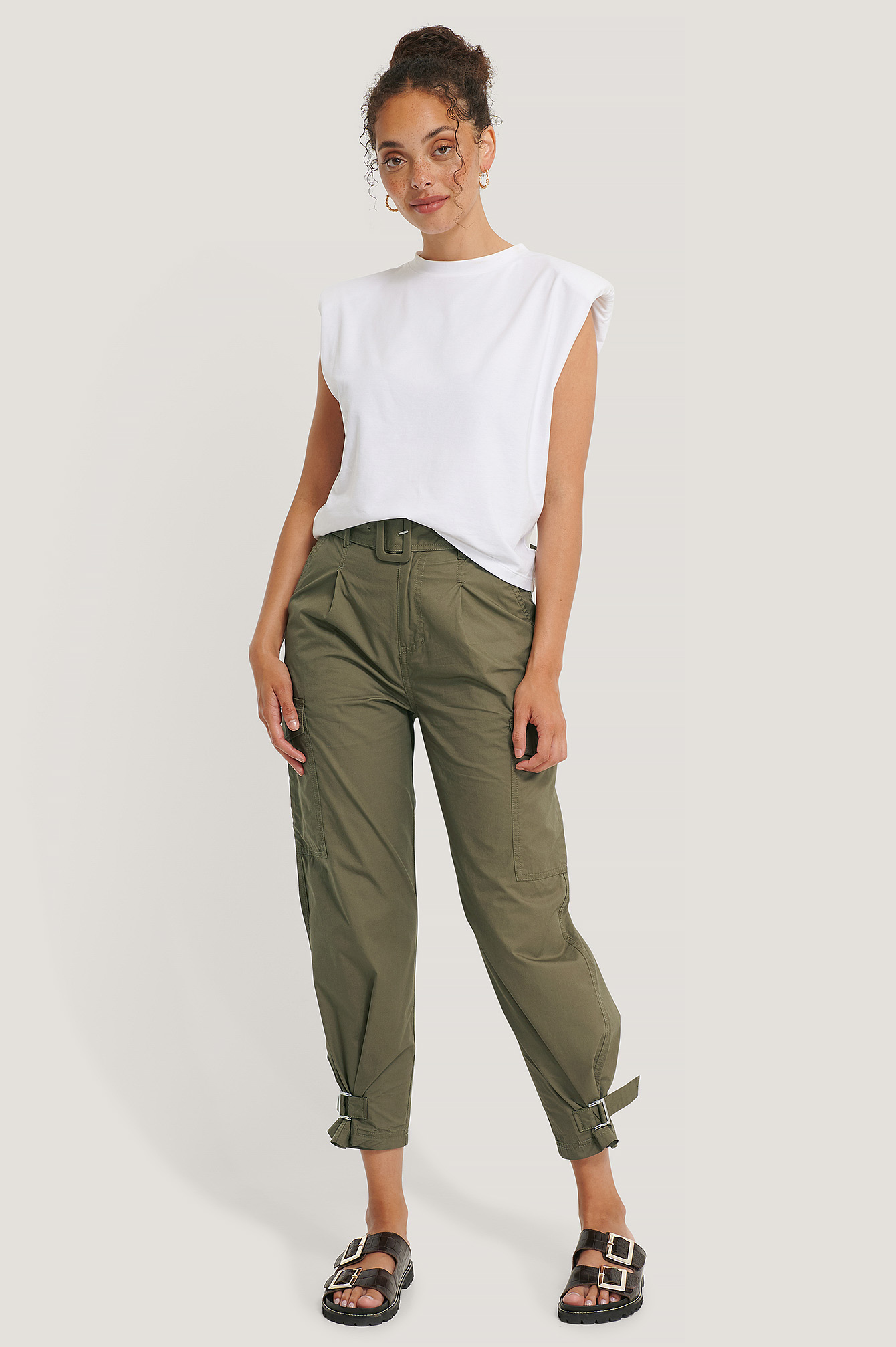 Olive Pantalon Taille Haute À Ceinture
