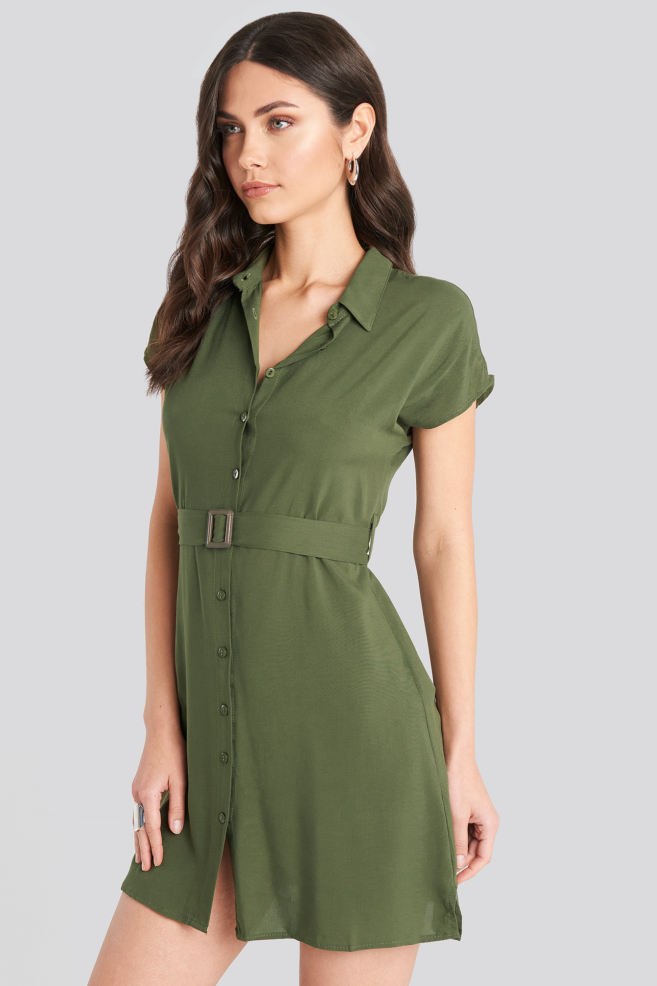 Khaki Belted Shirt Mini Dress