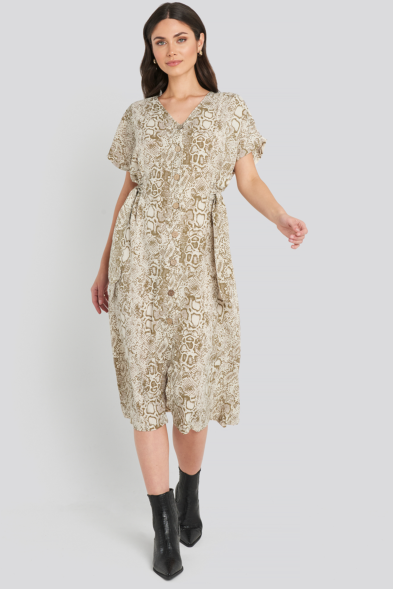 Cream Button Snake Long Dress