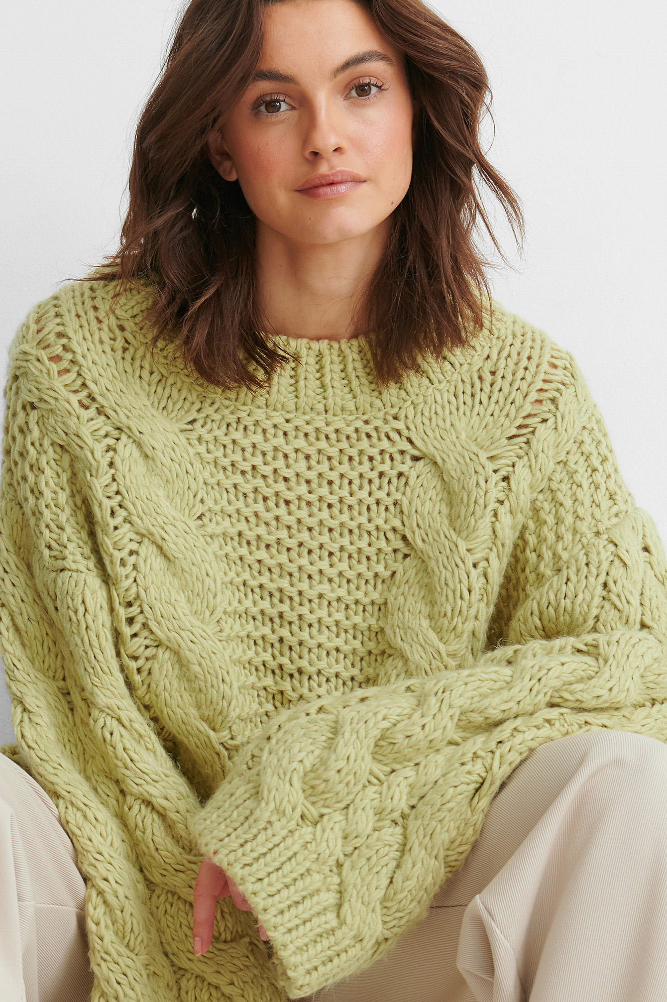 Light Green Chunky Cable Knitted Sweater
