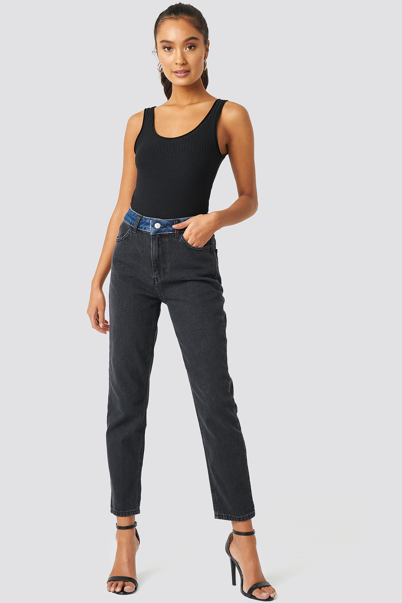 Black Color Blocky High Waist Mom Jeans