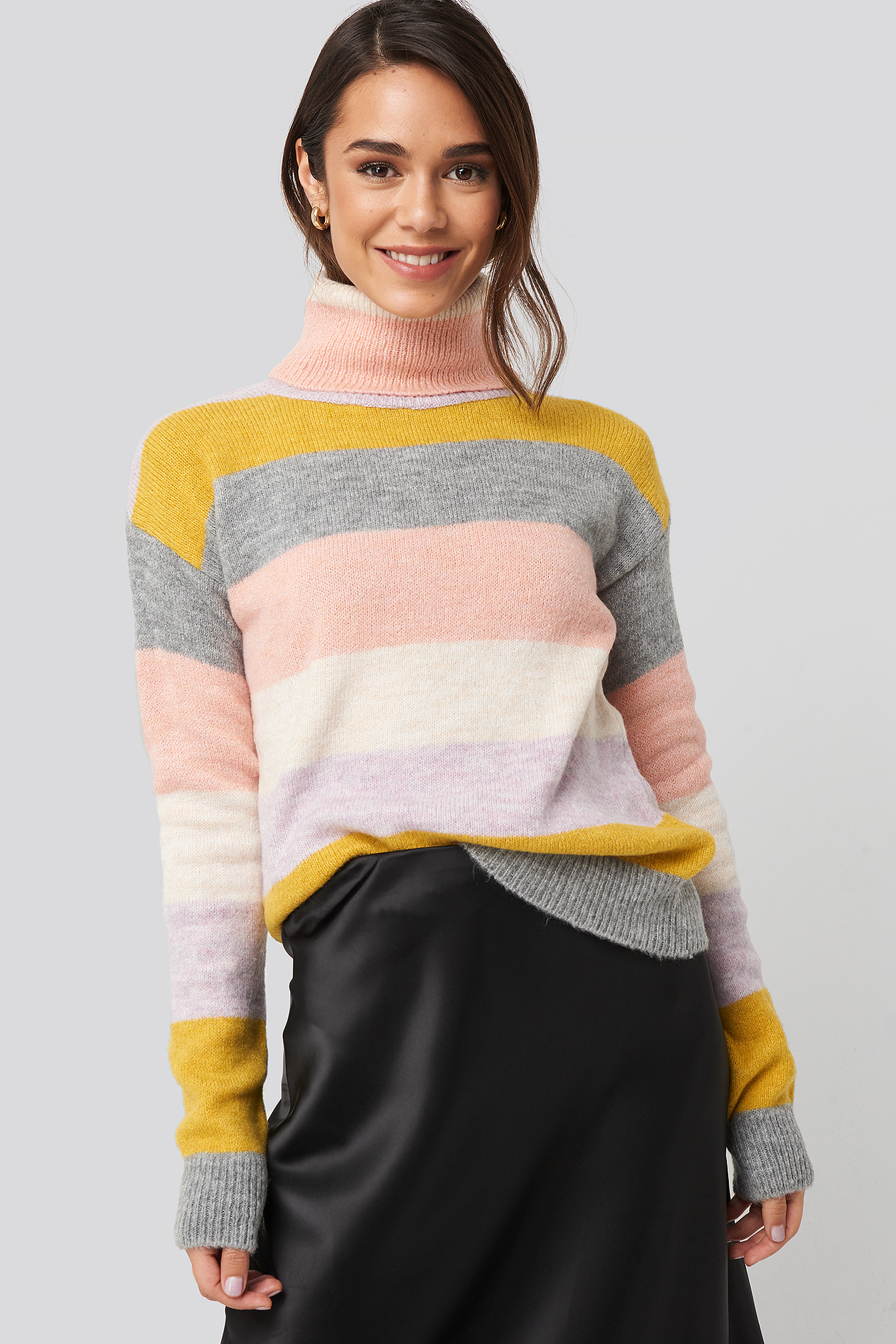 Ecru High Neck Striped Knitted Sweater