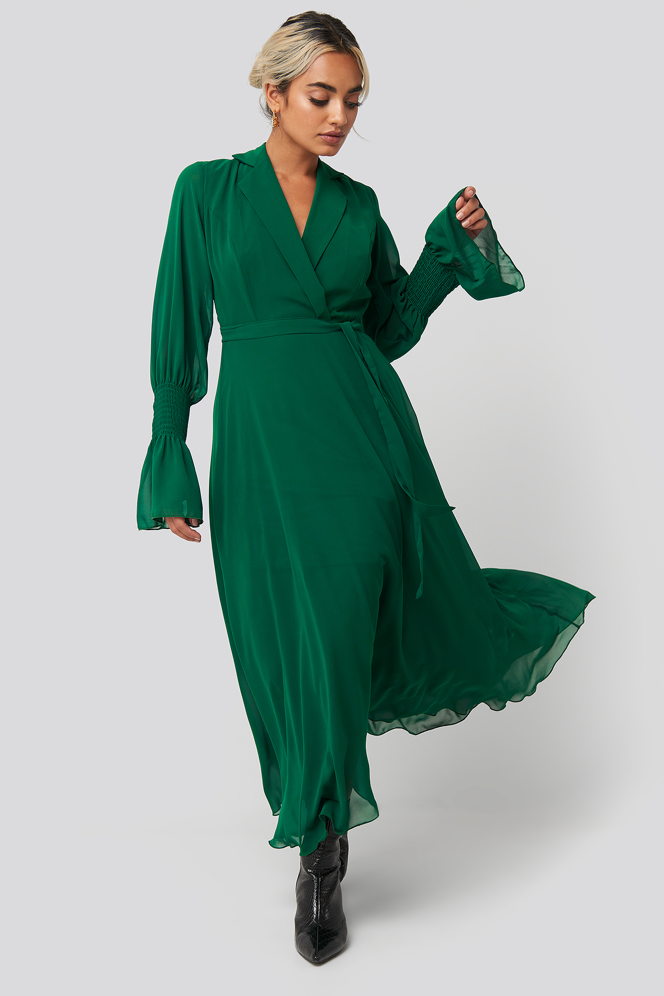Emerald Green Trendyol Lapel Detailed Long Dress