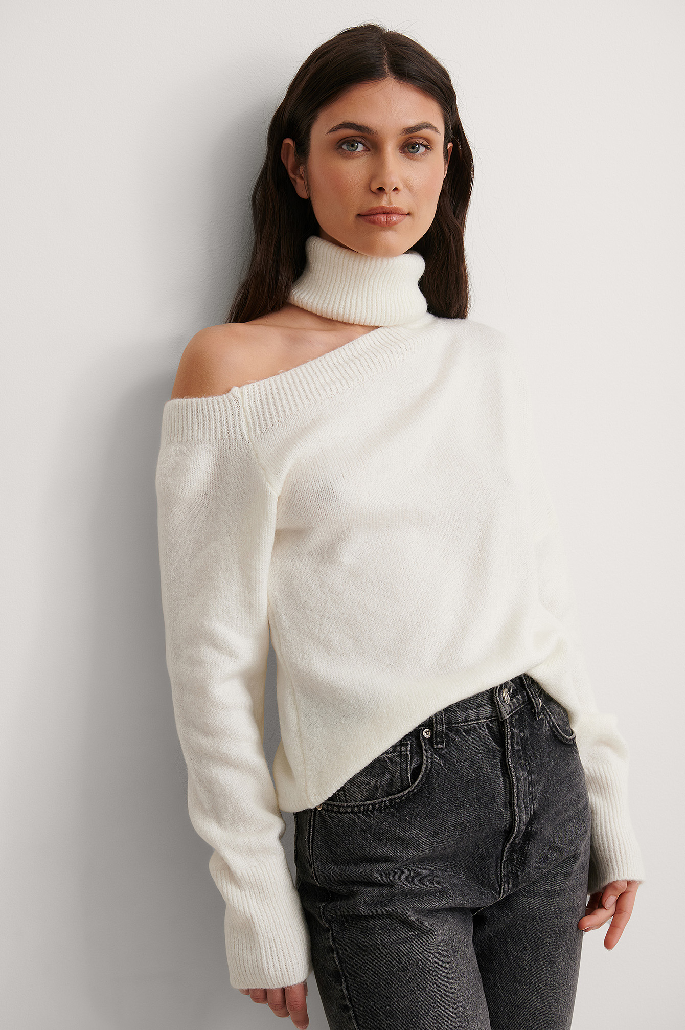 Ecru Pull En Tricot À Col Roulé