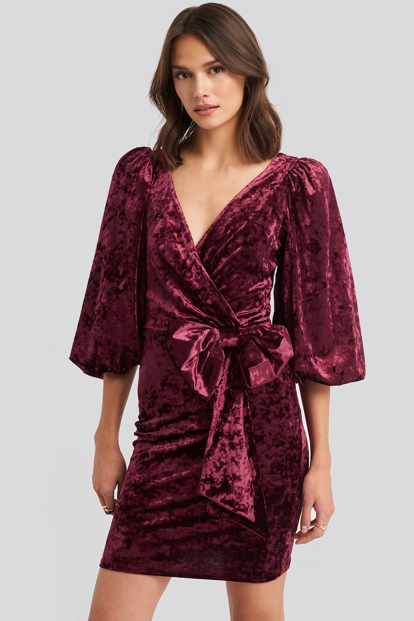Burgundy Ribbon Detailed Balloon Sleeve Dress