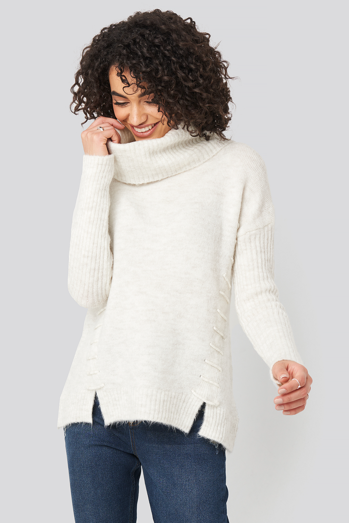 Ecru Side Tied Knitted Sweater