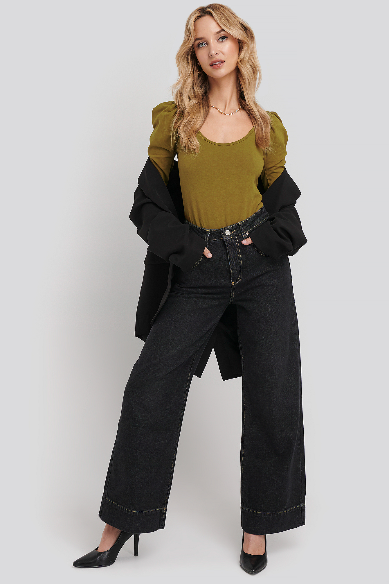 Black Stitching High Waist Wide Leg Jeans