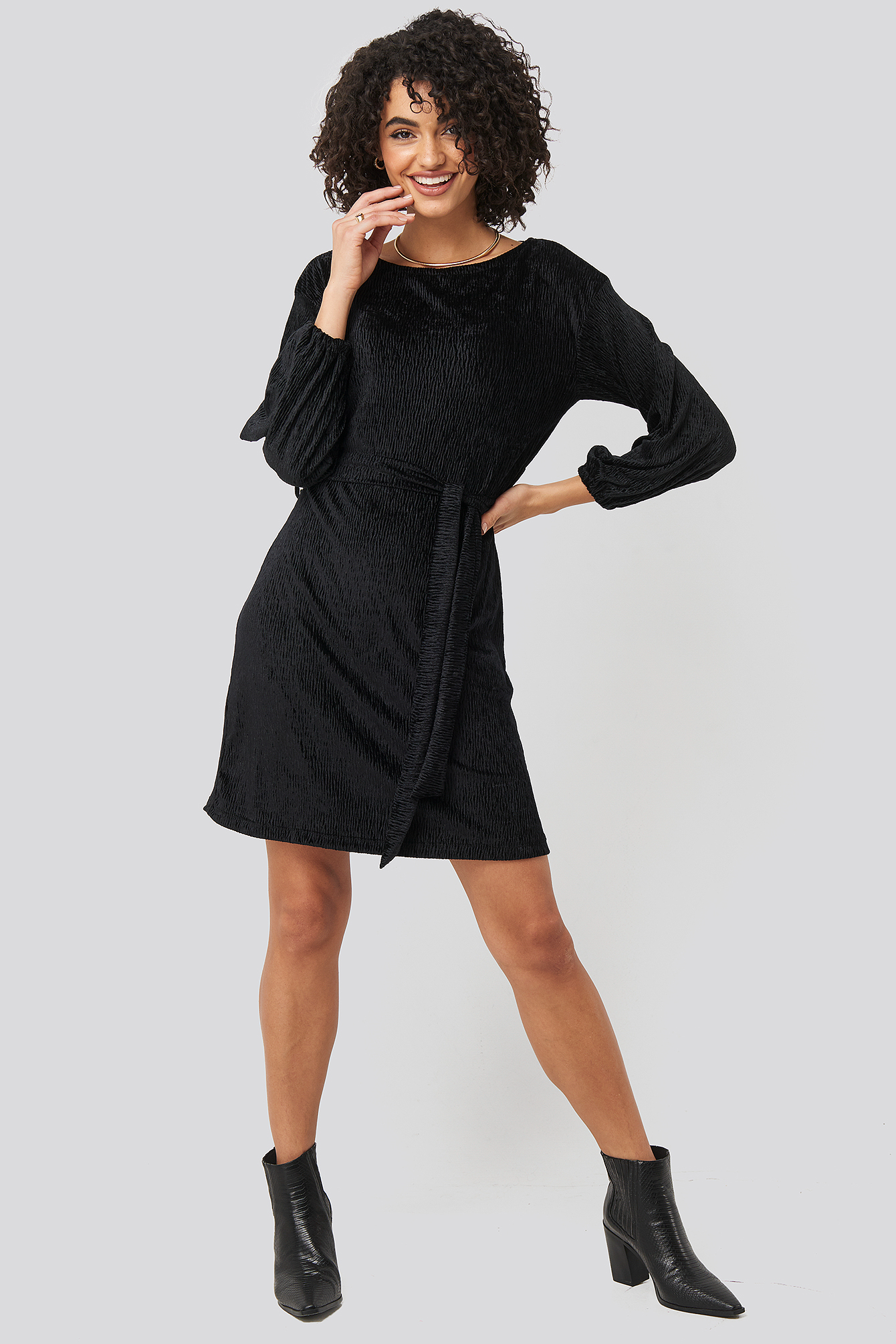 Black Textured Belted Mini Dress