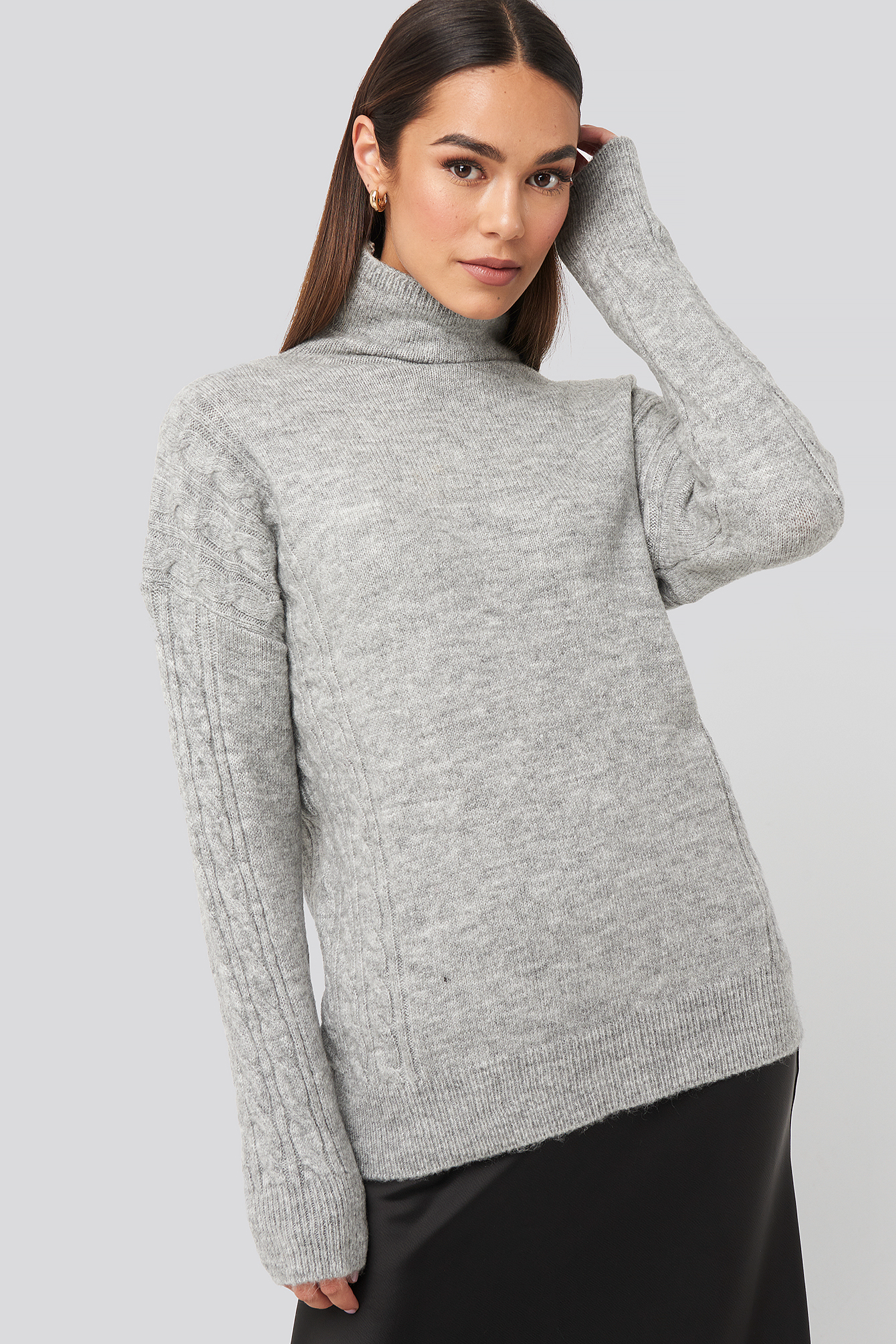Gray Turtleneck Sleeve Detailed Knitted Sweater