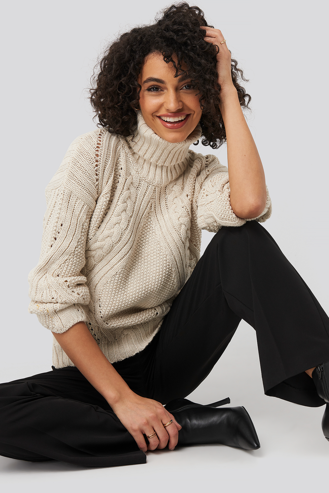 Ecru Turtleneck Sleeve Detailed Knitted Sweater