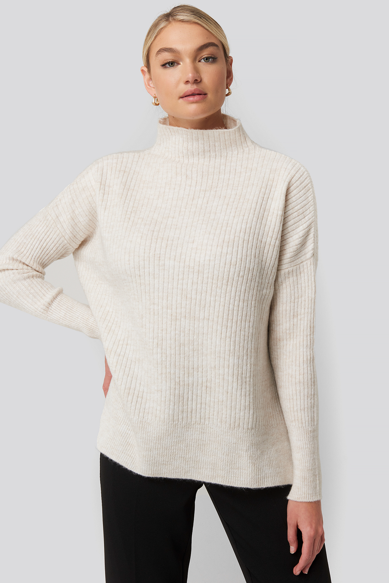 Ecru Vertical Neck Side Slit Knitted Sweater