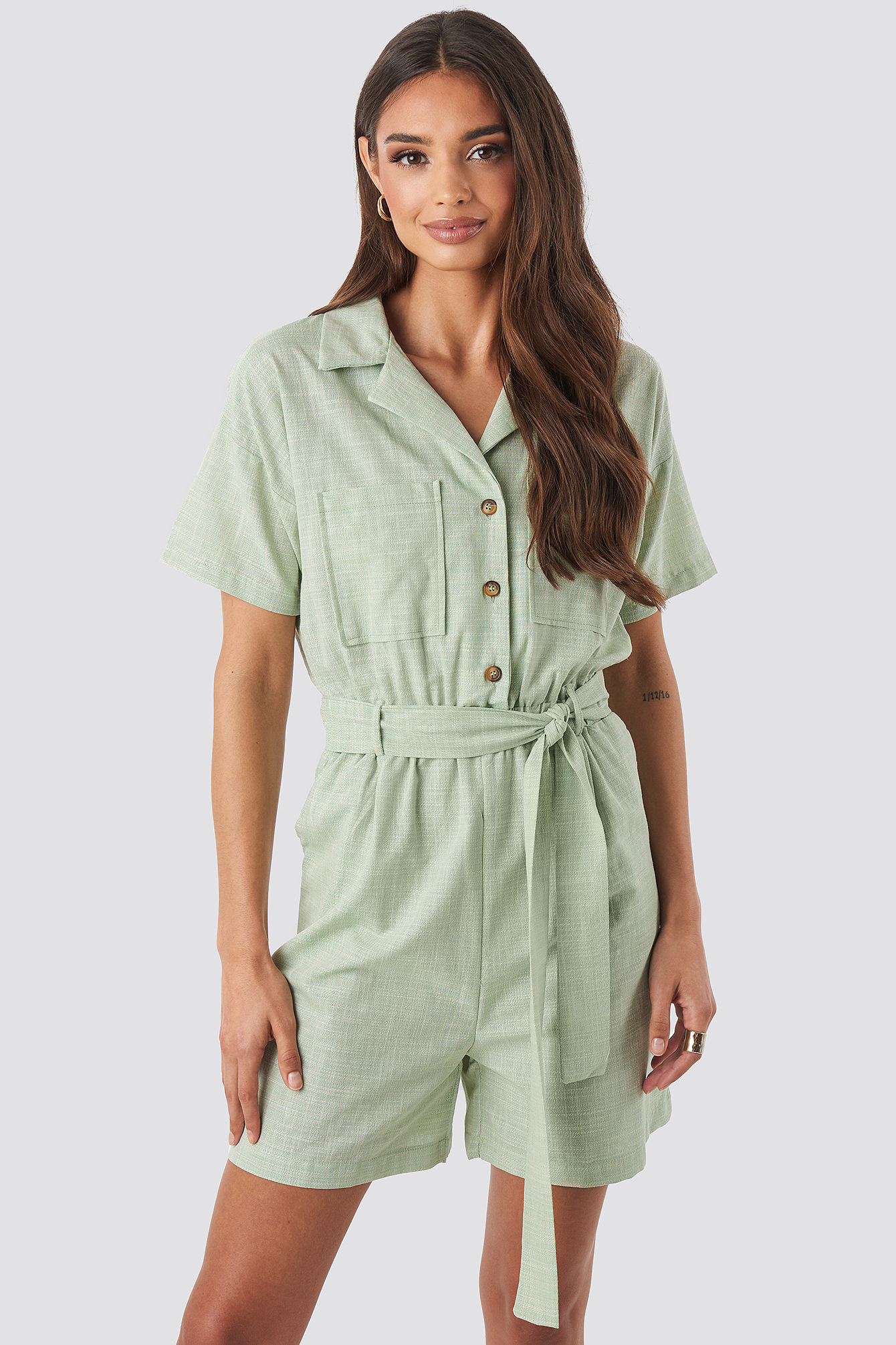 Mint Trendyol Waistband Belted Playsuit