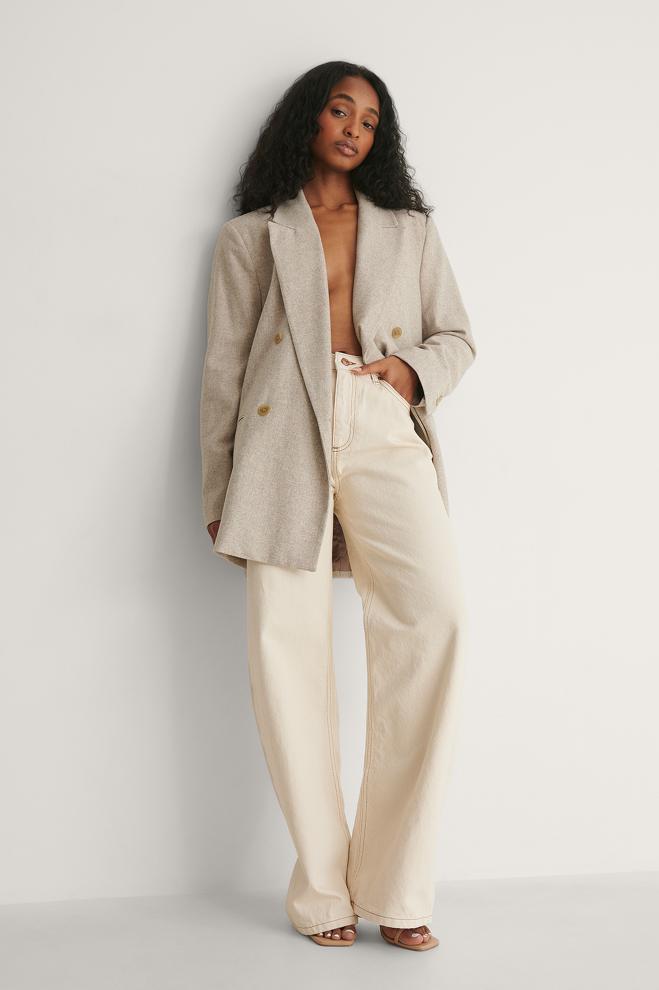 Ecru Jean Jambe Large Taille Haute