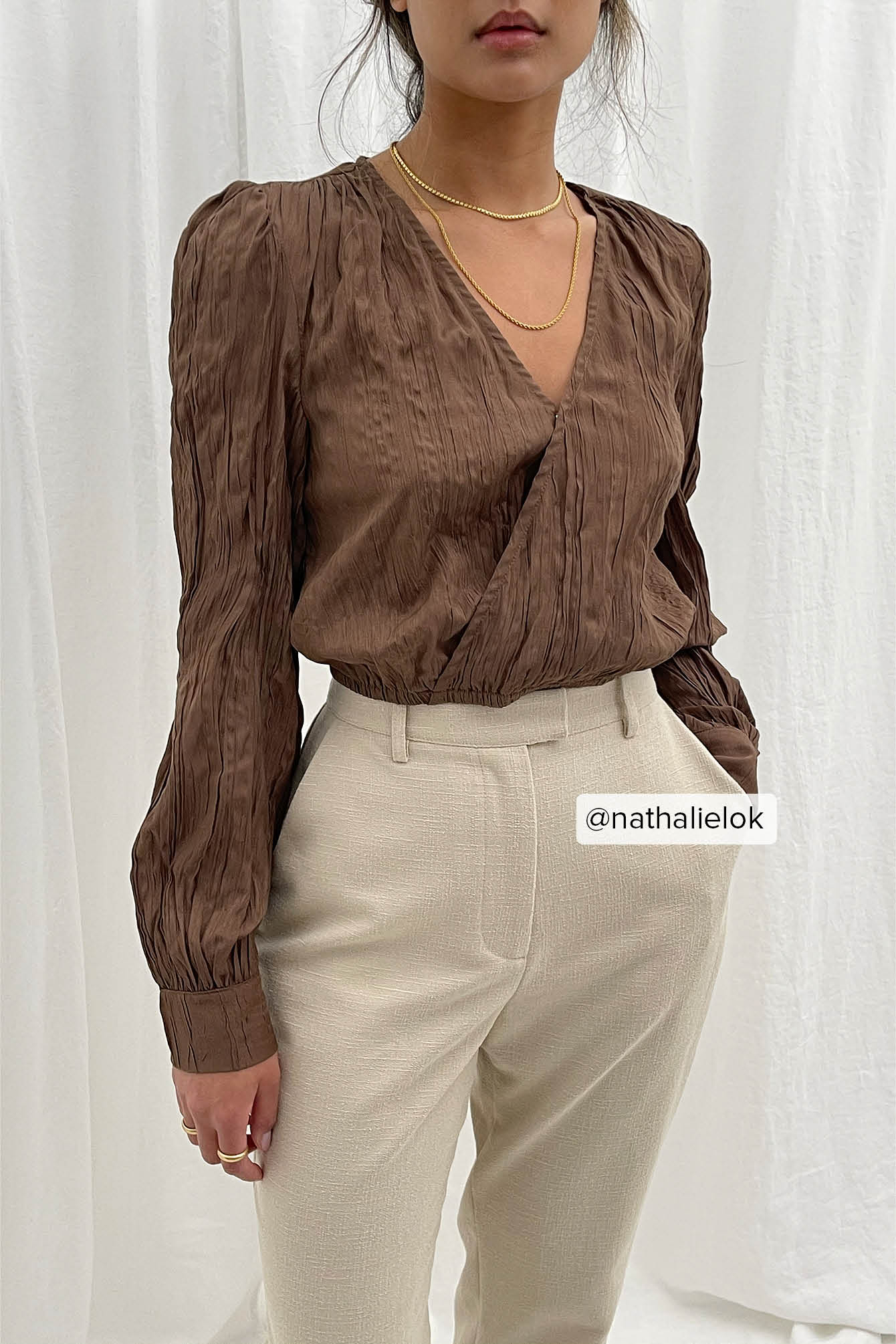 Brown Wrap Front Structured Blouse