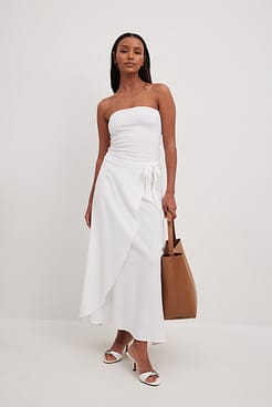 Linen Blend Midi Wrap Skirt Outfit.