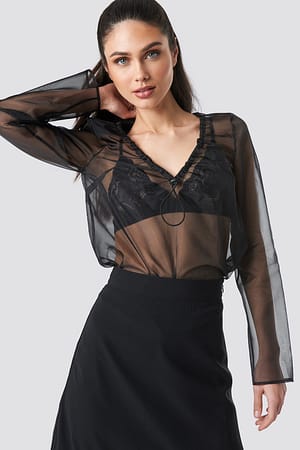 Black Anna Nooshin x NA-KD Elastic V-Neck Transparent Blouse