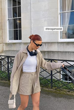 Beige Stripe Chemise oversize en lin mélangé à rayures