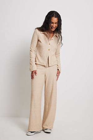 Beige Pantalon taille haute en tissu brossé