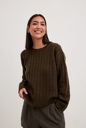 Dark Brown Pull en maille torsadée de laine mélangée