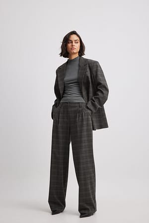 Grey Check Pantalon de tailleur taille mi-haute à carreaux et plis