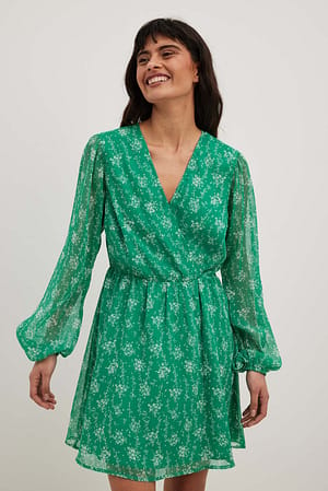 Green Print Robe mini à manches bouffantes
