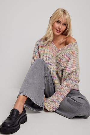 Multicolor Pull col en V en maille épaisse