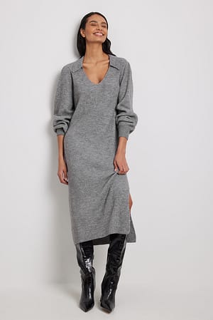 Grey Melange Robe longue en maille à col