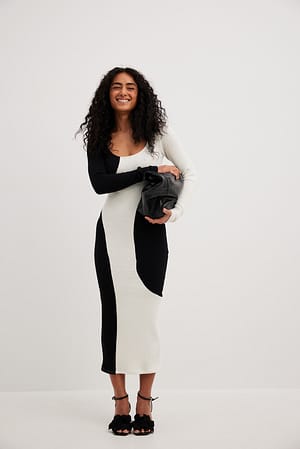 Black/Off White Robe mi-longue à blocs de couleurs