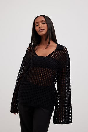 Black Pull en maille crochetée à col en V
