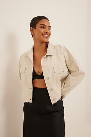 Light Beige Veste en denim à ourlet brut