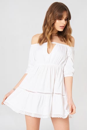 White Debiflue x NA-KD Off Shoulder Crochet Dress