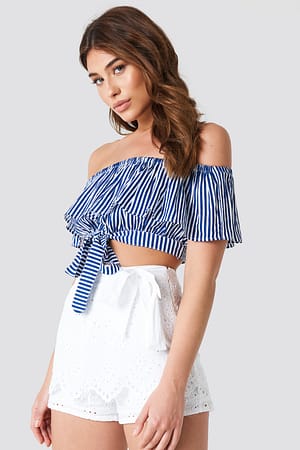 Blue/White Stripe Debiflue x NA-KD Off Shoulder Frill Top
