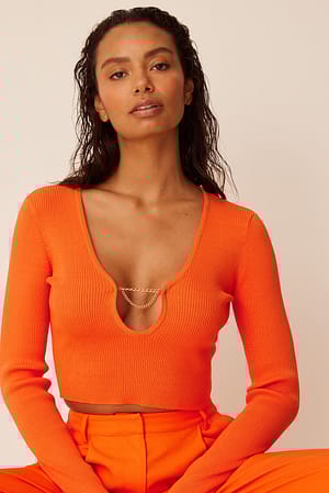 Orange Haut en maille côtelée à décolleté profond